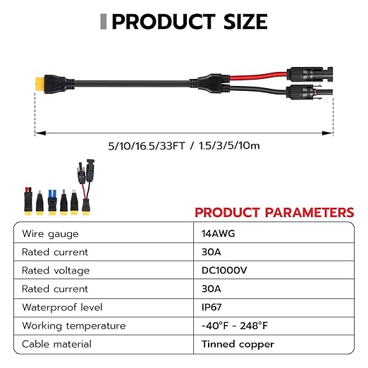 Solar Panel Connector Kit 6 in 1 Cable Solar Connector 14AWG Heavy-Duty Cable Weatherproof for RV Camping Portable Power Staion Generator DC5521 7909 8020 XT60 (10FT)