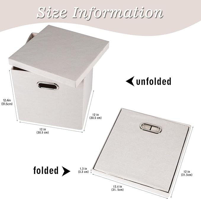 Storage Bins with Lids Collapsible Linen Fabric Boxes Organizer Containers with Lid Foldable Storage Box Basket for Closet Shelves Home Office 12 x 12 x 12.4 Inch 4 Pack Beige