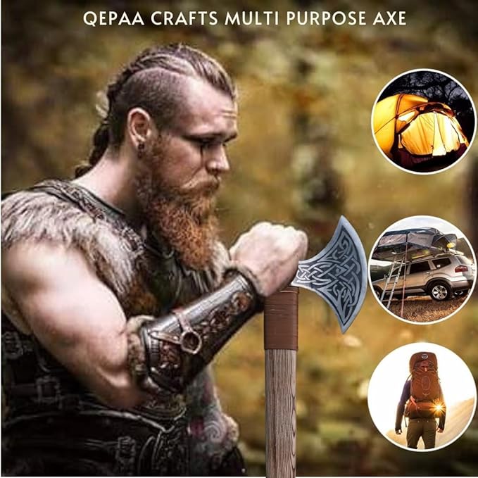 Qepaa Crafts® Custom Handmade Viking Axe Rose Wood Handle Hand Forged Carbon Steel Twin-Blade Berserker Axe for Norse Viking DecorFree Leather Sheath Gift for him
