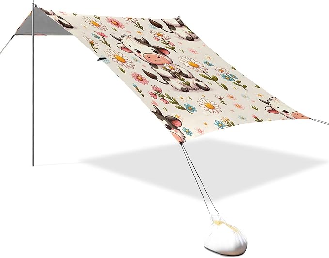 ALAZA Cute Cow Daisy Flower Beach Tent Sun Shelter UPF50+ Protection Beach Shade Canopy w/ 4 Sandbags for Outdoor Camping Fishing Backyard Fun Picnic 10x9 ft