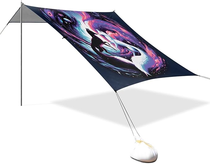 ALAZA Fox Yingyang Nebula Beach Tent Sun Shelter UPF50+ Protection Beach Shade Canopy w/ 4 Sandbags for Outdoor Camping Fishing Backyard Fun Picnic 10x9 ft