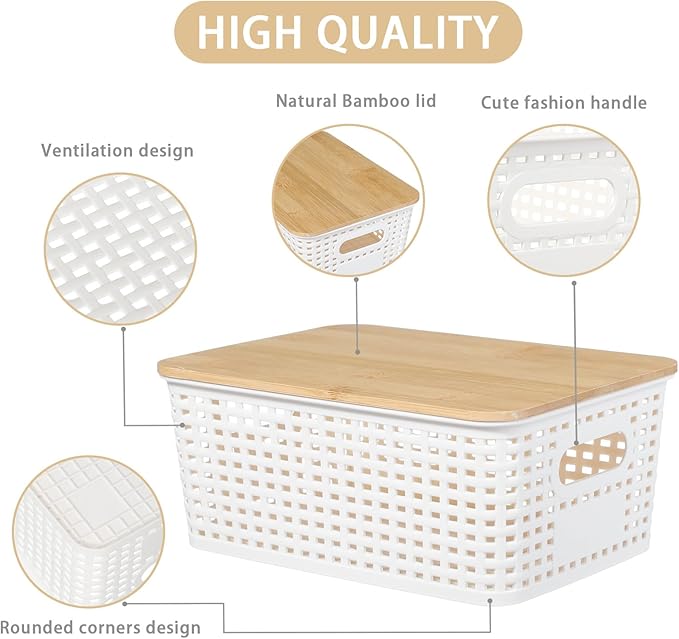 PENGKE Plastic Storage Bins With Lid Stackable Organizing Container Woven Lidded Storage Organizer Baskets for Shelves Drawers Desktop Closet Playroom Classroom Office6 Pack
