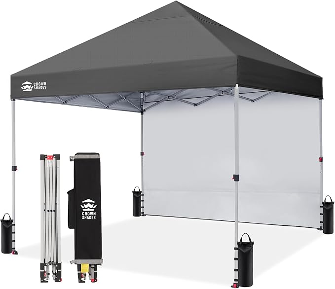 CROWN SHADES 8x8 Pop Up Canopy with 1 Side Wall - Beach Tent with One Push Setup - Outdoor Sun Shade for Events Parties Camping - Gazebo with STO-N-Go Cover Bag (Grid Grey)