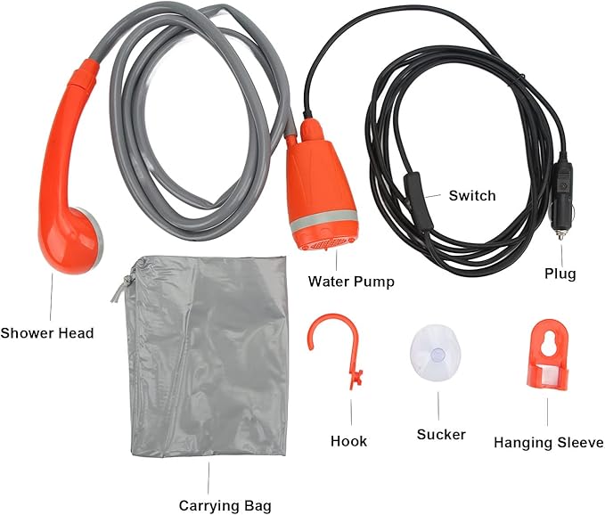 Portable Pump Shower Head 12V Outdoor Shower with Powerful Water Flow 3.5L per Minute for Camping Hiking RV Car Washing Pet Bathing
