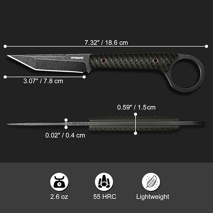 7.3 EDC Fixed Blade Knife with Sheath Full Tang 5Cr14MoV Camping Knife Green G10 Handle Finger Ring Design Horizontal/Vertical Carry Outdoor Survival Gift for Men