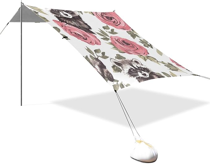 ALAZA Cute Raccoons Rose Beach Tent Sun Shelter Portable Canopy Sunshade for Outdoor Camping Picnics Backyard Fun 10x9 ft