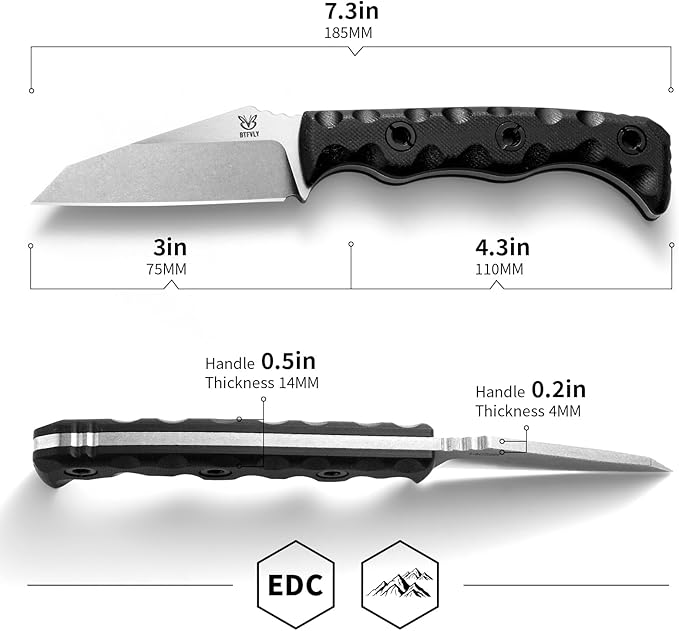 EDC Fixed Blade Knife 14C28N Steel Blade G10 Handle 3 Blade 7.3 Overall Carbon Fiber Sheath Outdoor Hunting Knife (Black)