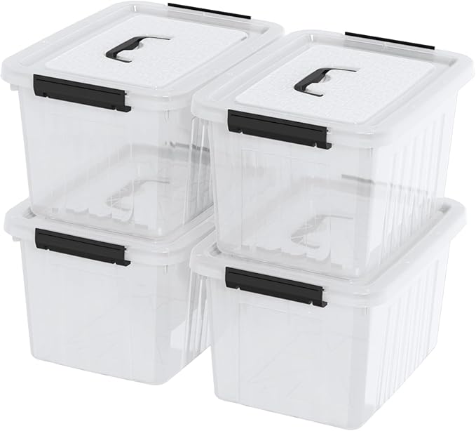 4-Pack 18L Clear Plastic Storage Boxes Bins Containers with Lids and Handles Medium 15.35 x 11.1 x 9.25 Inches BPA Free