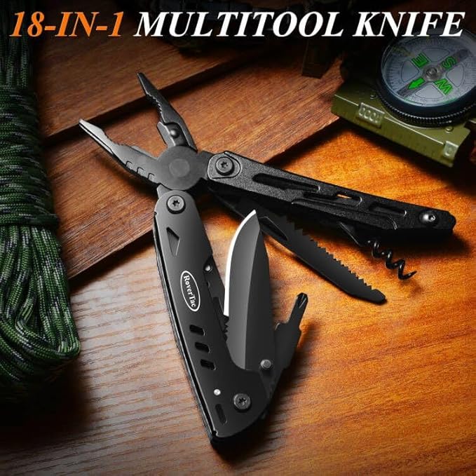 RoverTac 18-in-1 Multitool Pocket Knife with Pliers Saw Corkscrew &amp Detachable Scissors Multi Tool with Safety Lock 9 Screwdriver Bits Camping Gear Gifts for Men