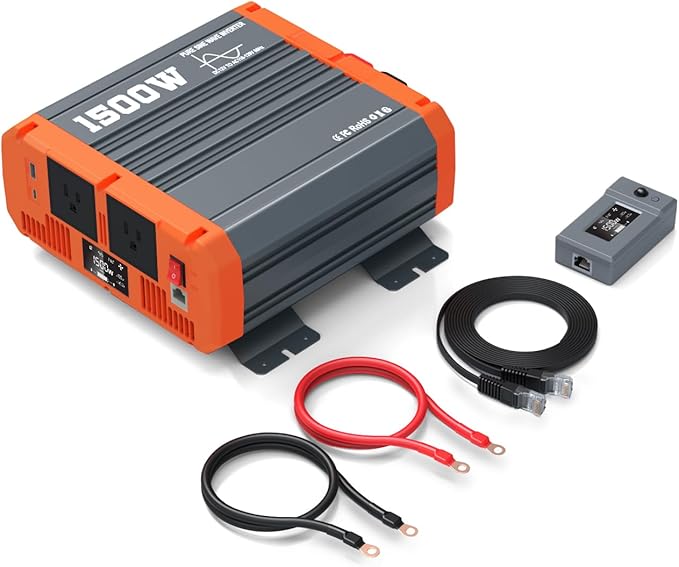 1500W Pure Sine Wave Inverter 12V to 110V/120V AC Car Power Inverter for Vehicles Truck Solar RV Home Backup with Dual AC Outlets USB &amp Type-C Fast Charge Ports Remote Controller