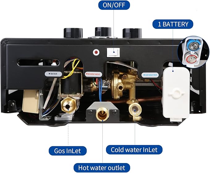 Tankless Water Heater 4.74GPM 18L Outdoor Portable GasHot Water Heater Instant Propane Water Heater with Digital Display Multi-Protection for Camping Trips Boat Cabins Black