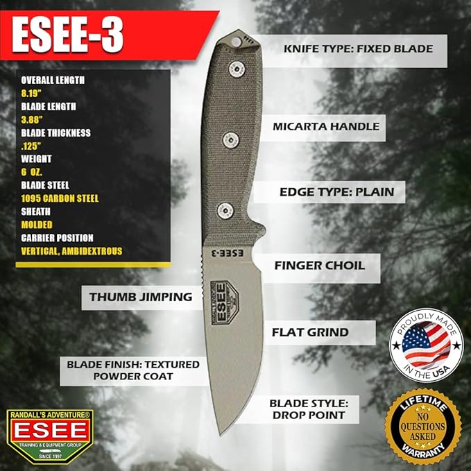 ESEE Knives 3P Fixed Blade Knife with Molded Polymer Sheath