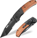 Vickay Pocket Knife Folding Knife with Clip - 3.54″ Black Serrated Steel Blade Wood Handle EDC Knife for Men &amp Women Outdoor Camping Tactical Hunting Hiking Survival - Father’s Day Gift