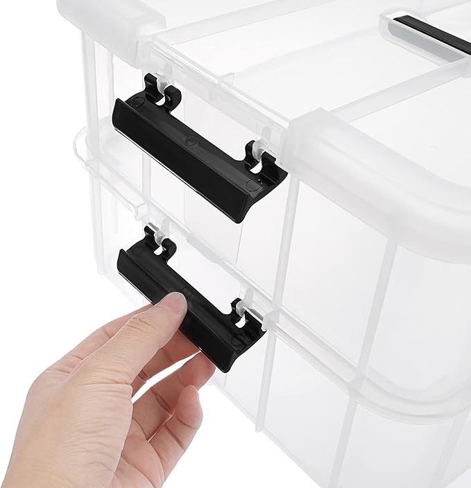 JUXYES 2-Tiers Stack Carry Storage Box With Handle Transparent Stackable Storage Bin With Handle Lid Latching Storage Container for School &amp Office Supplies