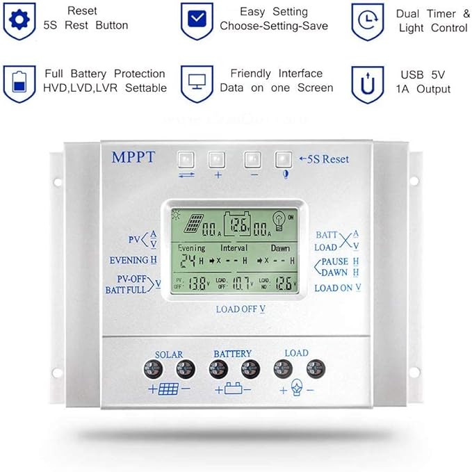 80A Solar Charge Controller 80 amp Solar Panel Regulator with Load Timer 12V 24V Auto with LCD Display USB 5V 1500mA and Usd for Control Landscape Lights and Water Features