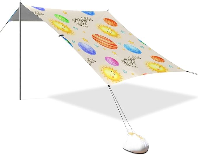 Beach Canopy with Windproof Ropes &amp Sandbags Beach Tent Sun Shade Sun Shelter for Camping Trips Fishing Backyard Fun or Picnics Planet