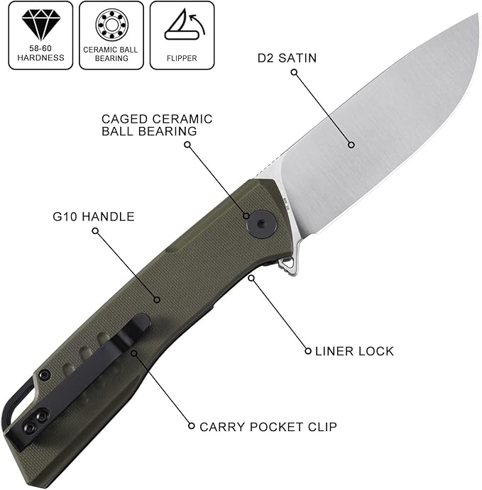 Petrified fish PFB02 Loco Pocket Knife 3.70 D2 Satin Blade Camping Knife 5.29oz G10 Handle Flipper Liner lock Folding knife for EDC (Green Satin)