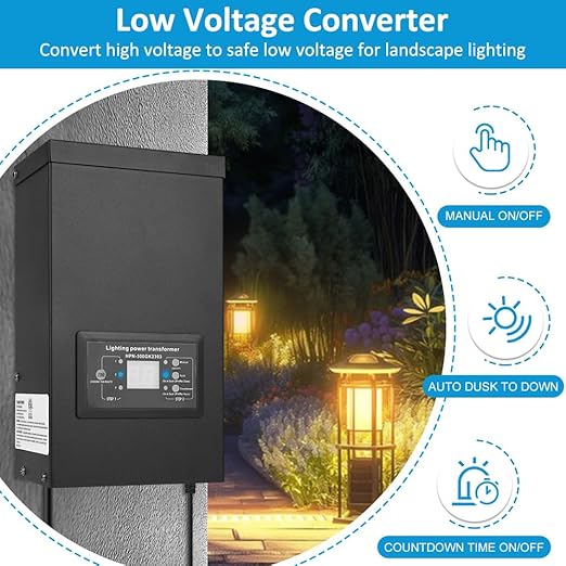 300W Low Voltage Landscape Transformer Weatherproof Outdoor Low Voltage Transformer with Photocell Sensor&ampTimer 120V AC to 12V/14V AC Landscape Lighting Transformer for Yard/Garden/Christmas Ligh
