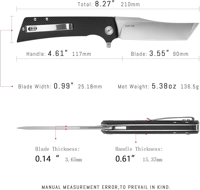 Pocket Folding knife with Clip3.55 D2 Steel Tanto Flipper BladeG10 For EDC Men WomenCamping Hiking Daily Work Everyday Carry Knives XUN112-BGS(Satin)