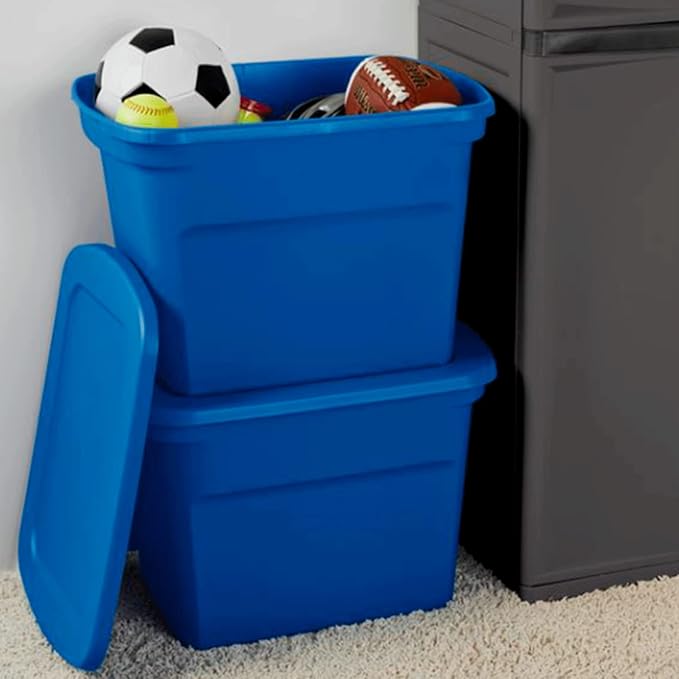 Sterilite 18 Gallon Stackable Plastic Storage Tote Container with Latching Snap-Close Lid for Home and Office Organization Blue (8 Pack)