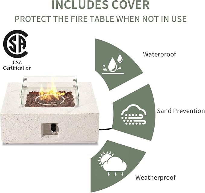 COSIEST 35-inch Square Outdoor Sandstone Propane Fire Pit w Wind Guard and Side Table Certified 50000 BTU Stainless Steel Burner Free Lava Rocks and Rain Cover Metal Lid(Beige)