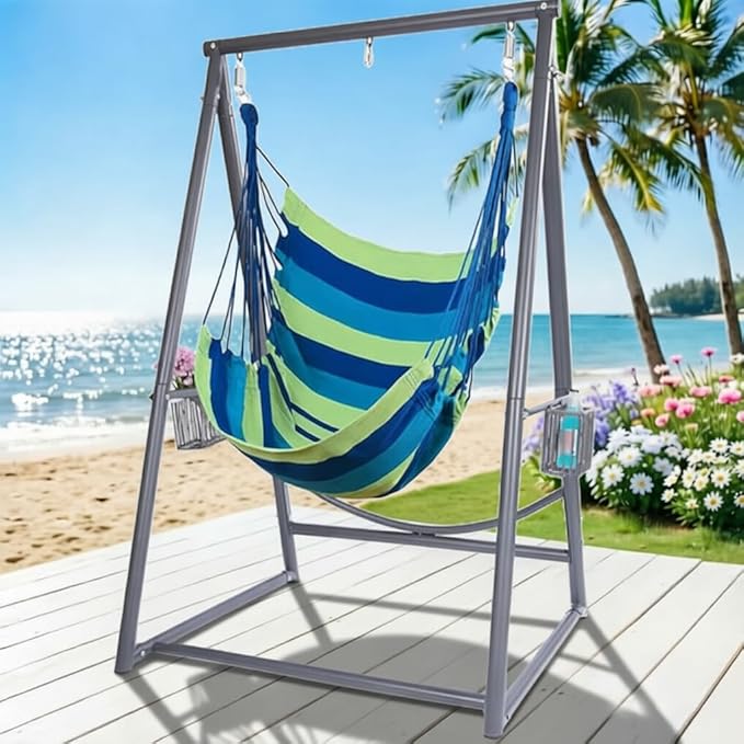 YOXIFOC Reinforced Base &amp Triangular Structure Hammock Stand with 2 Storage Baskets Swing Stand with 3 Hooks Fit for Most Hanging Chair for Oudoor&ampIndoor (with Chair) (Gray)