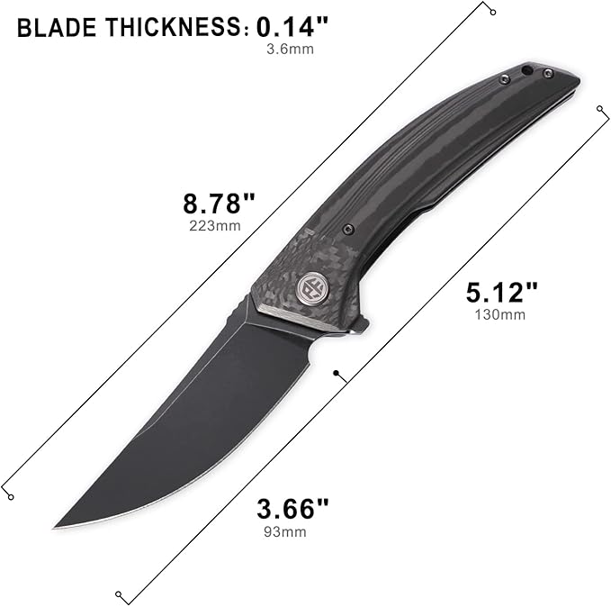 Petrified fish PFP05 Deepsea 3.66” Folding Knife K110 Steel Blade Carbon fiber Handle Flipper Liner Folding Knife for Outdoor. (Black Stonewashed)