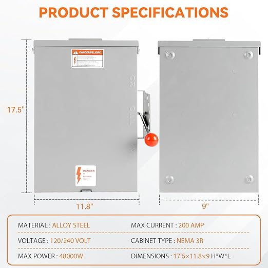 200 Amp Manual Transfer Switch 120/240V 48000W Transfer Switches for Outdoor and Indoor Use Heavy Duty Construction Enlarged NEMA 3R Enclosure Reliable and Stable Multiple Safety Protections