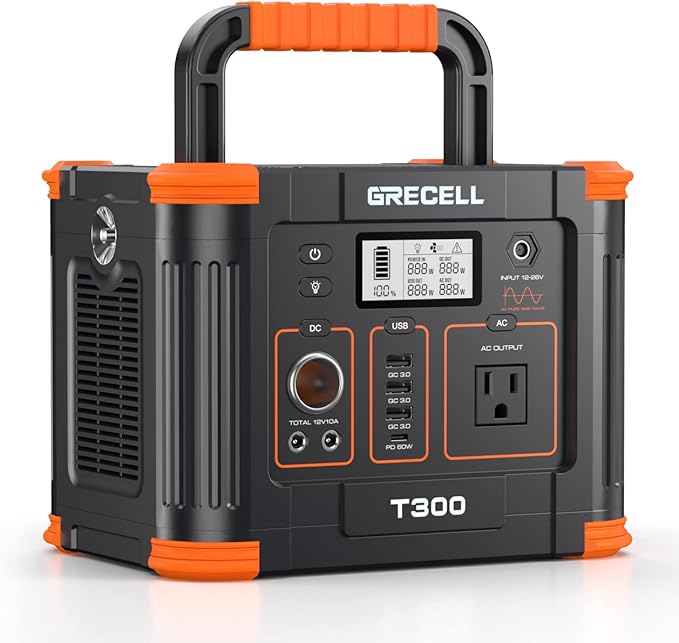 GRECELL Portable Power Station 300W (Peak 600W)GRECELL 288Wh Solar Generator with 60W USB-C PD Output 110V Pure Sine Wave AC Outlet Backup Lithium Battery for Outdoors Camping Travel RVs