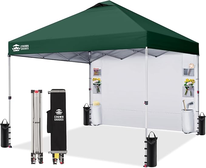 CROWN SHADES Canopy Tent 10x10 Pop Up Canopy Outdoor Shade with Pockets Sidewall Easy Up Sun Shelter with One Person Set Up Center Lock Portable Instant Camping Beach Canopy Tents Forest Green