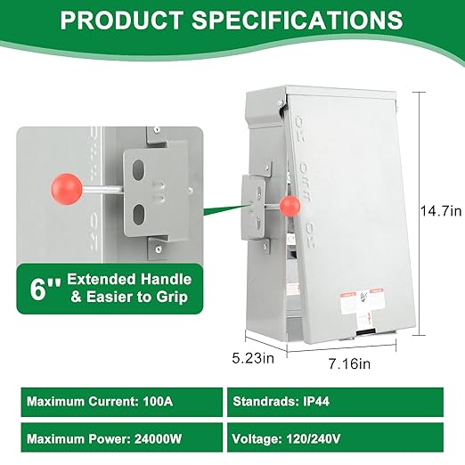 Manual Transfer Switch 100 Amp NEMA 4X Generator Transfer Switch for Home Generator Manual Heavy Duty Double-Throw 120/240 Volt 24000W for Outdoor Indoor Use