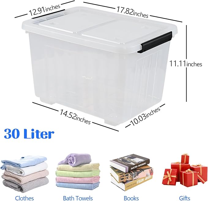 30 L Clear Plastic Storage Bin with Wheels Lidded Latching Box 4 Pack