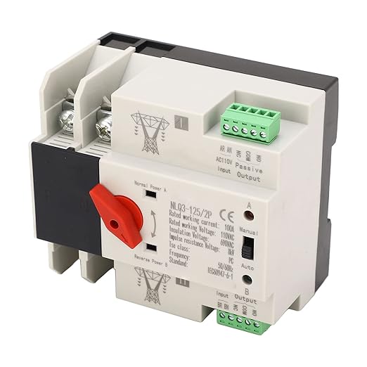 100A 110V Automatic Transfer Switch2P Mini Dual Power Transfer Switch50Hz 60Hz 35mm Din Rail Mounting for Home Generator Factories Laboratories Farms Powering Supply