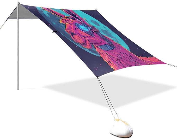 ALAZA Llama Alpaca Moon Cyberpunk Beach Tent Sun Shelter UPF50+ Protection Beach Shade Canopy w/ 4 Sandbags for Outdoor Camping Fishing Backyard Fun Picnic 10x9 ft