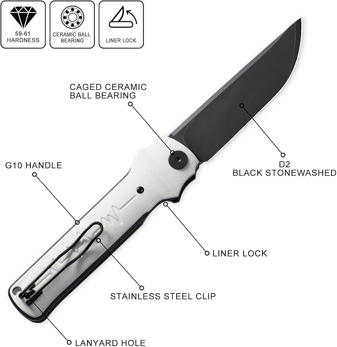 Petrified fish PFB04 Tena Folding Knife 3.82 D2 Steel Black Stonewashed Blade G10 Handle Pocket Folding knife for EDC Camping Outdoor (White Black Stonewashed)