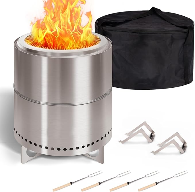 BRIOPAWS Large Smokeless-fire-pit Outdoor | 15 IN | 304 Stainless-Steel-Firepit | Portable Solo Fire Pits for Outside Camping | Low Smoke Stove | Wood Burning Chimenea Inclu. Bag BBQ Forks Handles