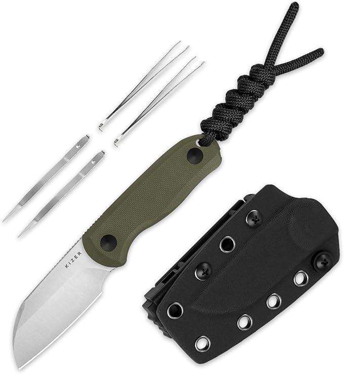 Kizer Drop Bear Fixed Blade Knife 2.6 AEB-L Satin Blade EDC Camping Knife with Olive Green G10 Handle &amp Hidden Tools Outdoor Full Tang Hunting Survival Knives with Adjustable Kydex Sheath 1093A