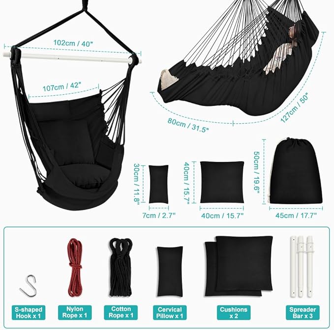 Outerman Hammock Chair Hanging Chair with 3 Cushions and Foot Rest Support Sturdy Metal Spreader Bar Max 500Lbs Swing Chair for Bedroom Indoor &amp Outdoor Patio Porch or Tree（Black）…