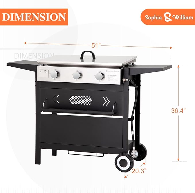 Sophia &amp William 28-Inch Flat Top Grill with Ceramic Coated Cast Iron Griddle 3-Burner Propane Gas BBQ Griddle Portable Outdoor Barbecue Grill33000 BTUBlack