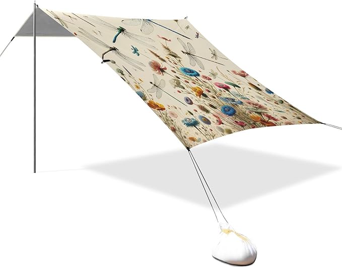 Vintage Dragonflies Flowers Beach Tent Sun Shelter Set UPF50+ UV Protection 10.5 x 9.19 FT Camping Shade Canopy with Sandbags Sand Anchors Carrying Bag and Others