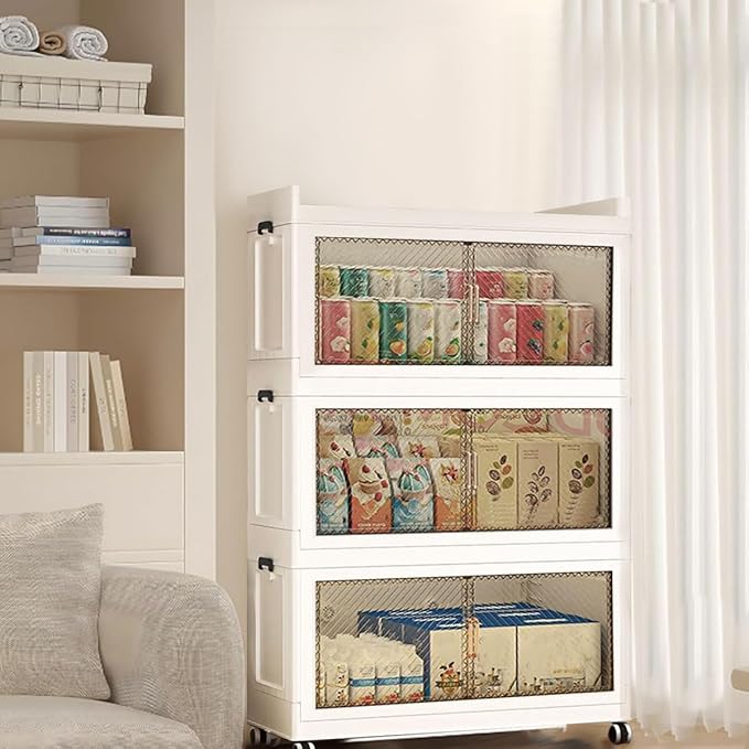 590QT Stackable Storage Bins with Lid147Gal Closet Organizers and Plastic Cabinets Shelves Collapsible Drawers with PET Clear Doors Foldable Boxes with Wheels for Home Office 3Pack