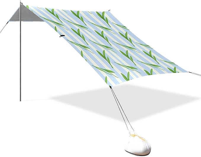 Beach Canopy with Windproof Ropes &amp Sandbags Beach Tent Sun Shade Sun Shelter for Camping Trips Fishing Backyard Fun or Picnics Leaves