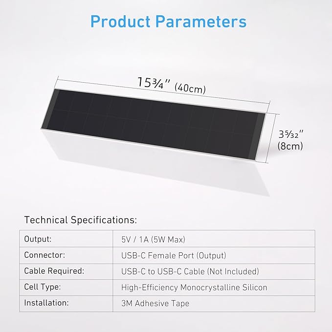 Solar Panels 5W 5V Charge for Motorized Blinds with USB-C Connector | Powers Smart Blinds RV Shades &amp DIY Automation Lithium Battery Operated Shades