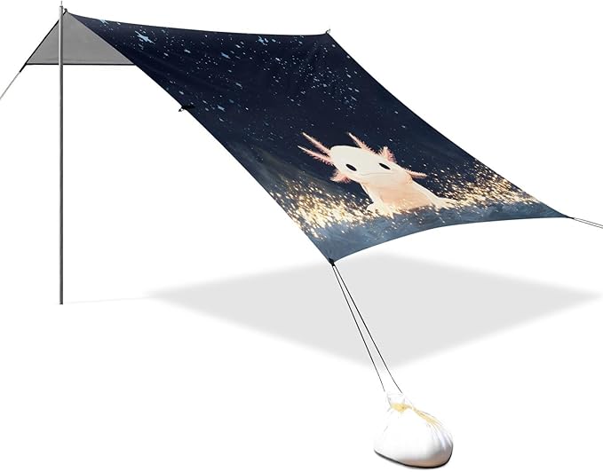 ALAZA Cute Axolotl Stars Beach Tent Sun Shelter UPF50+ Protection Beach Shade Canopy w/ 4 Sandbags for Outdoor Camping Fishing Backyard Fun Picnic 10x9 ft