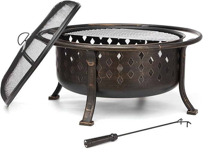 36 Inch Fire Pits for Outside Outdoor Wood Burning Firepit with BBQ Grate Large Heavy Duty Steel Firepit Bowl Bonfire Pit for Patio Backyard Garden Camping