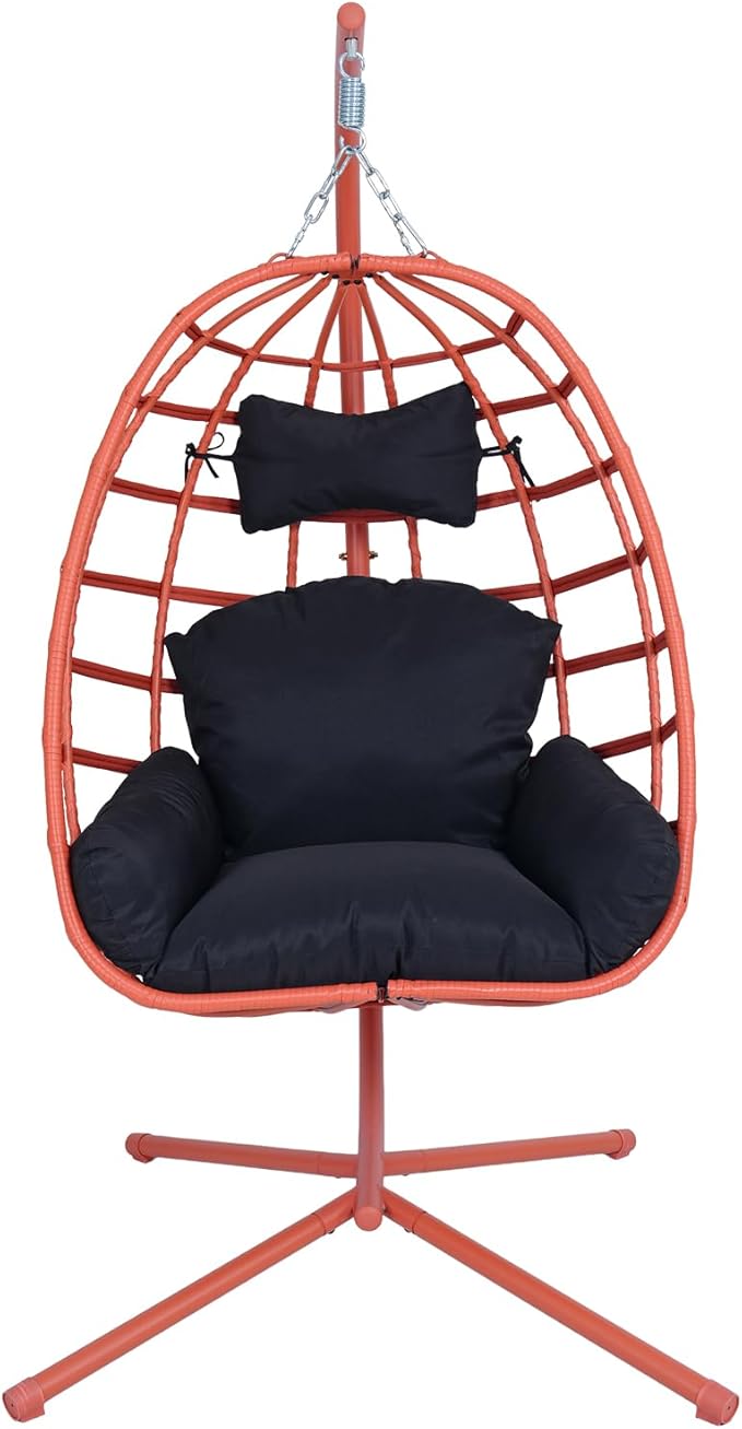 Hanging Egg Chair with Stand Outdoor Indoor Patio Rattan Swing Hammock Chairs with Washable Cushion 350lbs Capacity PE Wicker Swing Chair for Backyard Bedroom Garden (Orange + Black Cushion)