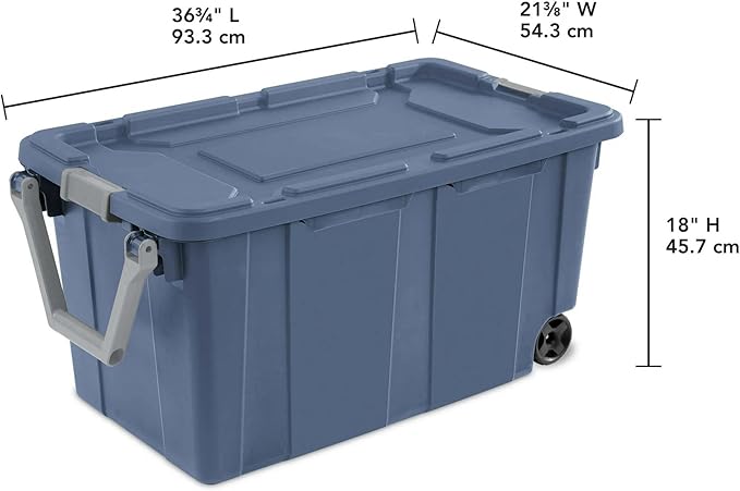 40 Gallon Wheeled Industrial Tote Rugged Plastic Storage Bin Latch Lid Blue 2 Count
