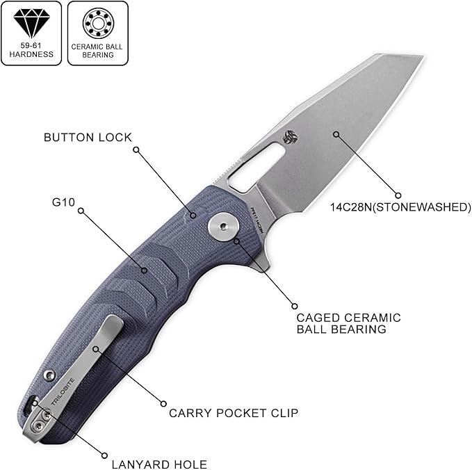 Petrified fish PFE17 Trilobite Folding Knife3.03 14C28N Steel Stonewashed Blade G10 Handle Camping Folding Knife for EDC Outdoor (Blue Stonewashed)
