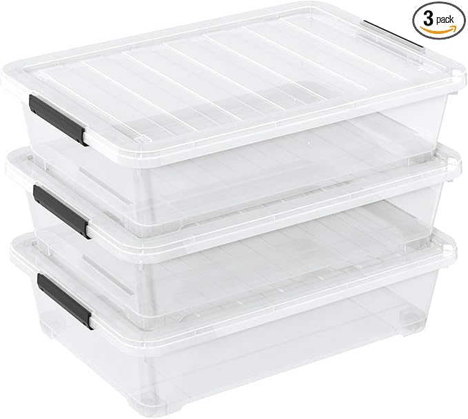 40 Quarts Clear Stackable Underbed Box Shallow Underbed Bins with Wheels Set of 3