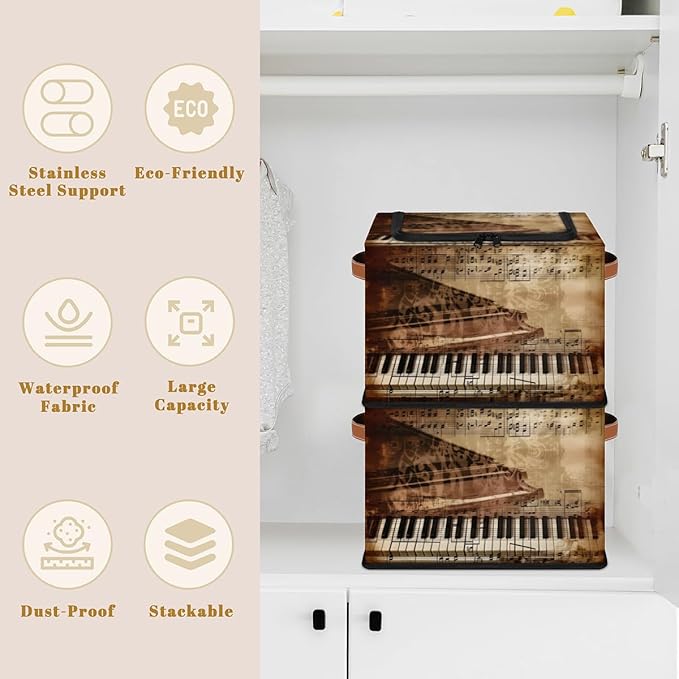 Retro Piano Storage Box with Lid Music Notes Collapsible Storage Bins Baskets Cubes Closet Shelf Clothes Organizer Containers with PU Leather Handles